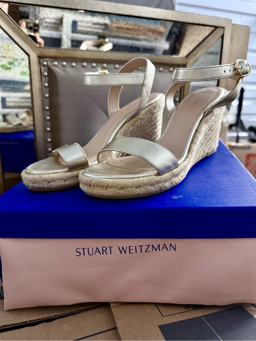 Stuart Weitzman Gold Espadrille Wedge Sandals Size 6